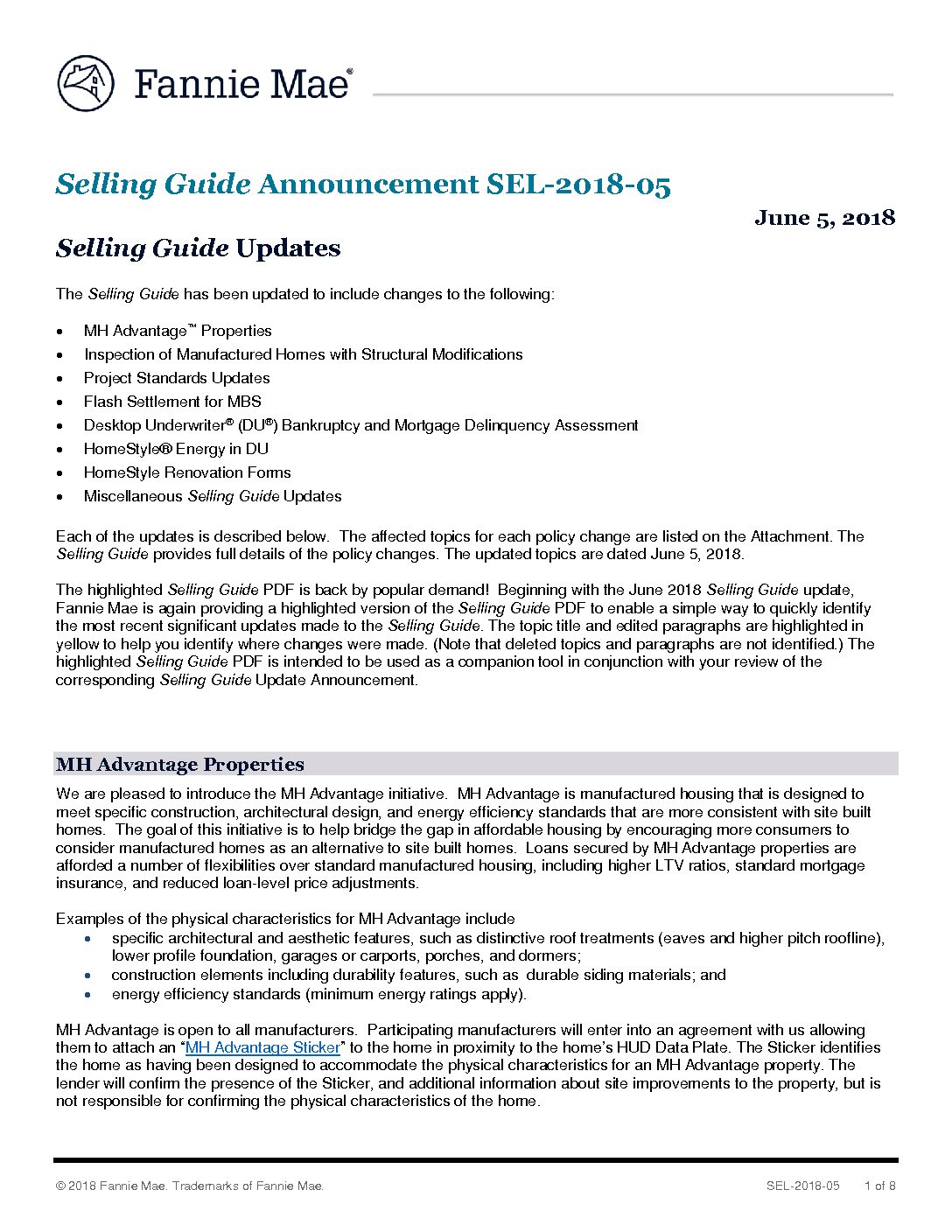 Click Here to View the Fannie Selling Guide Announcement SEL201805 TENA