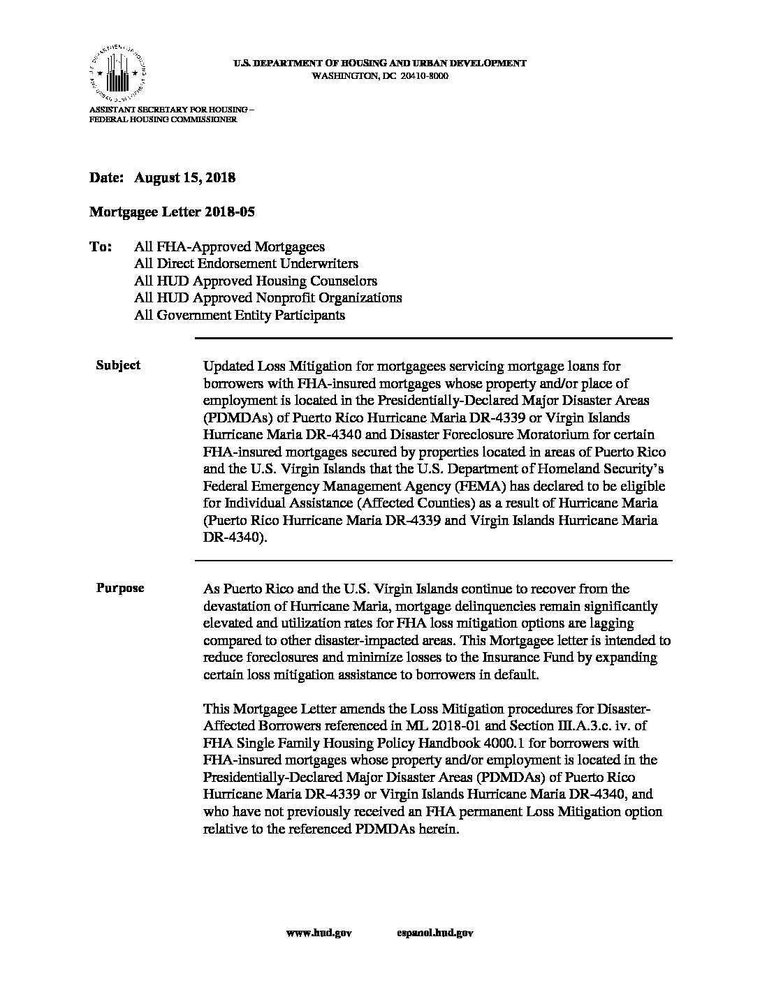 Click Here to View the FHA Mortgagee Letter 2018-05 - TENA