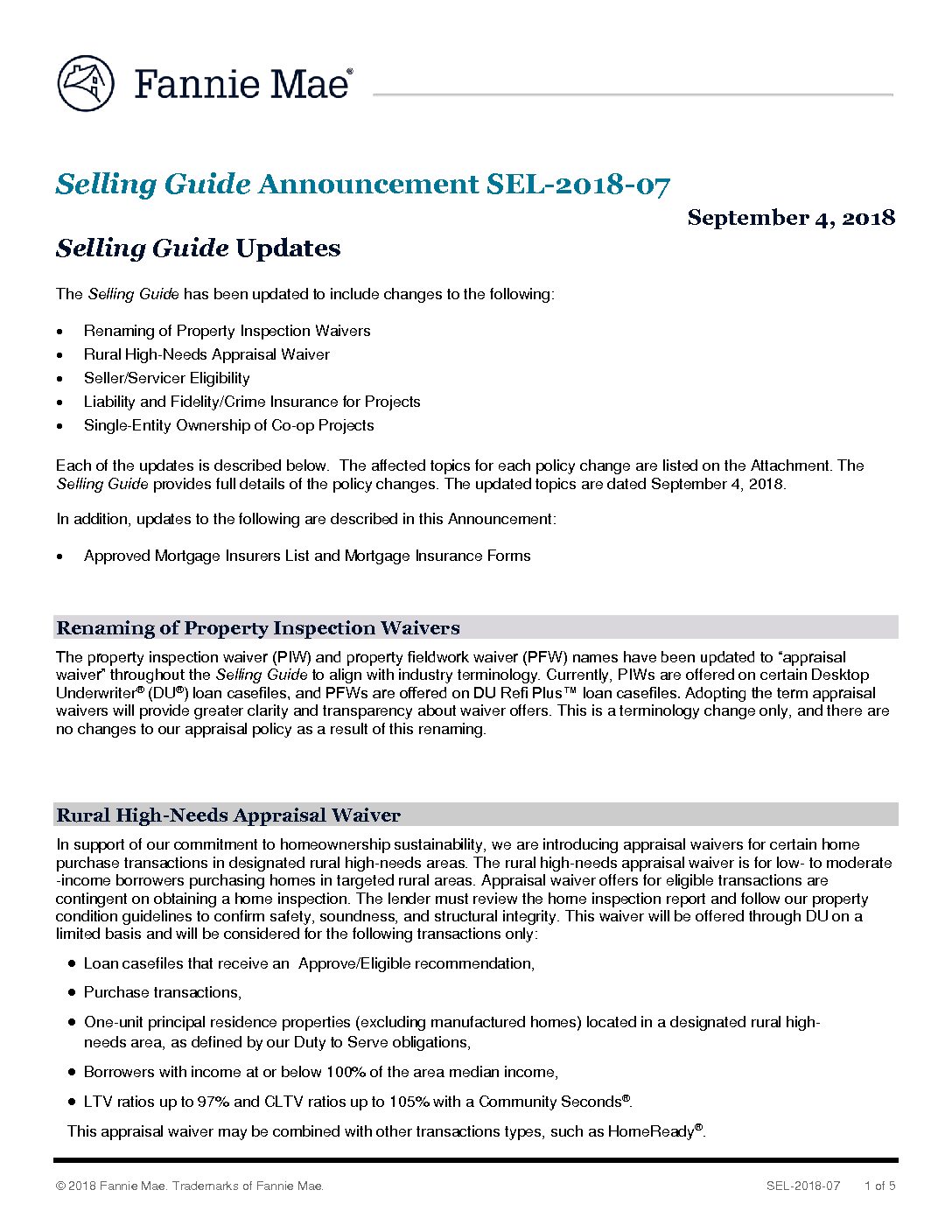 Click Here to View the Fannie Mae Selling Guide Announcement SEL2018