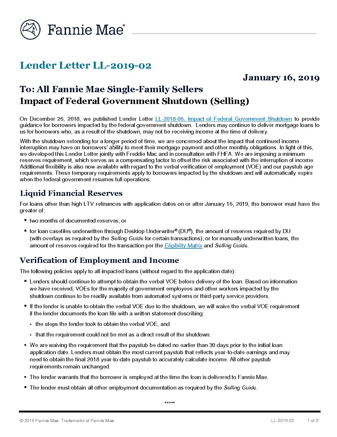 Click Here to View the Fannie Mae Lender Letter LL201902 TENA
