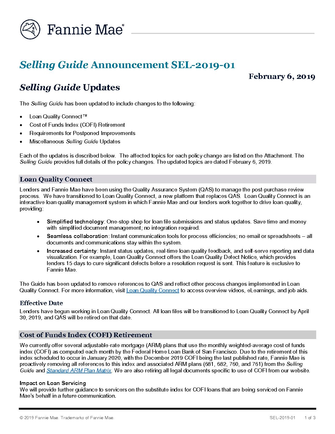 Click Here To View The Fannie Mae Selling Guide Announcement SEL-2019 ...